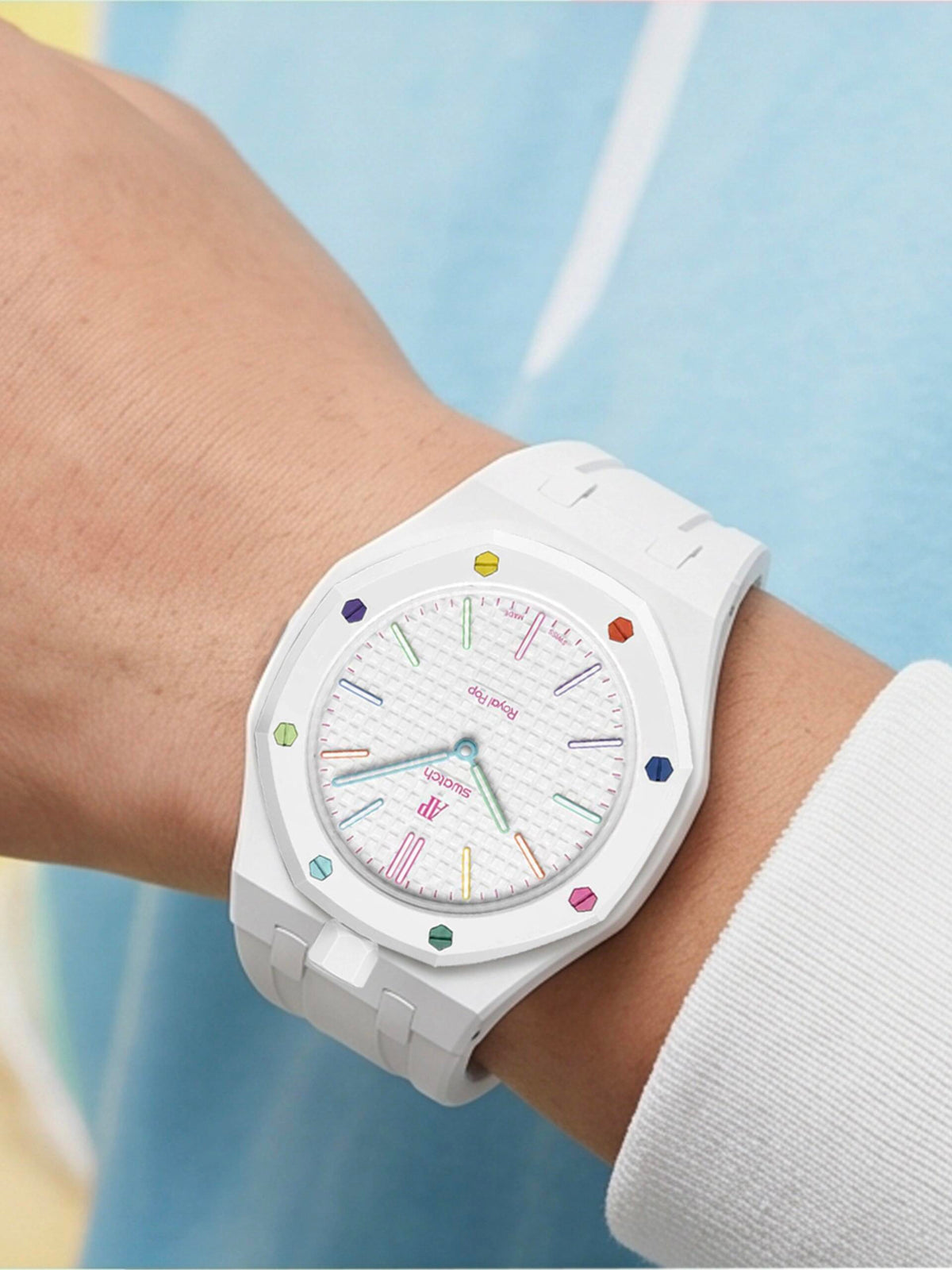 white bioceramic-style bracelet worn on the wrist