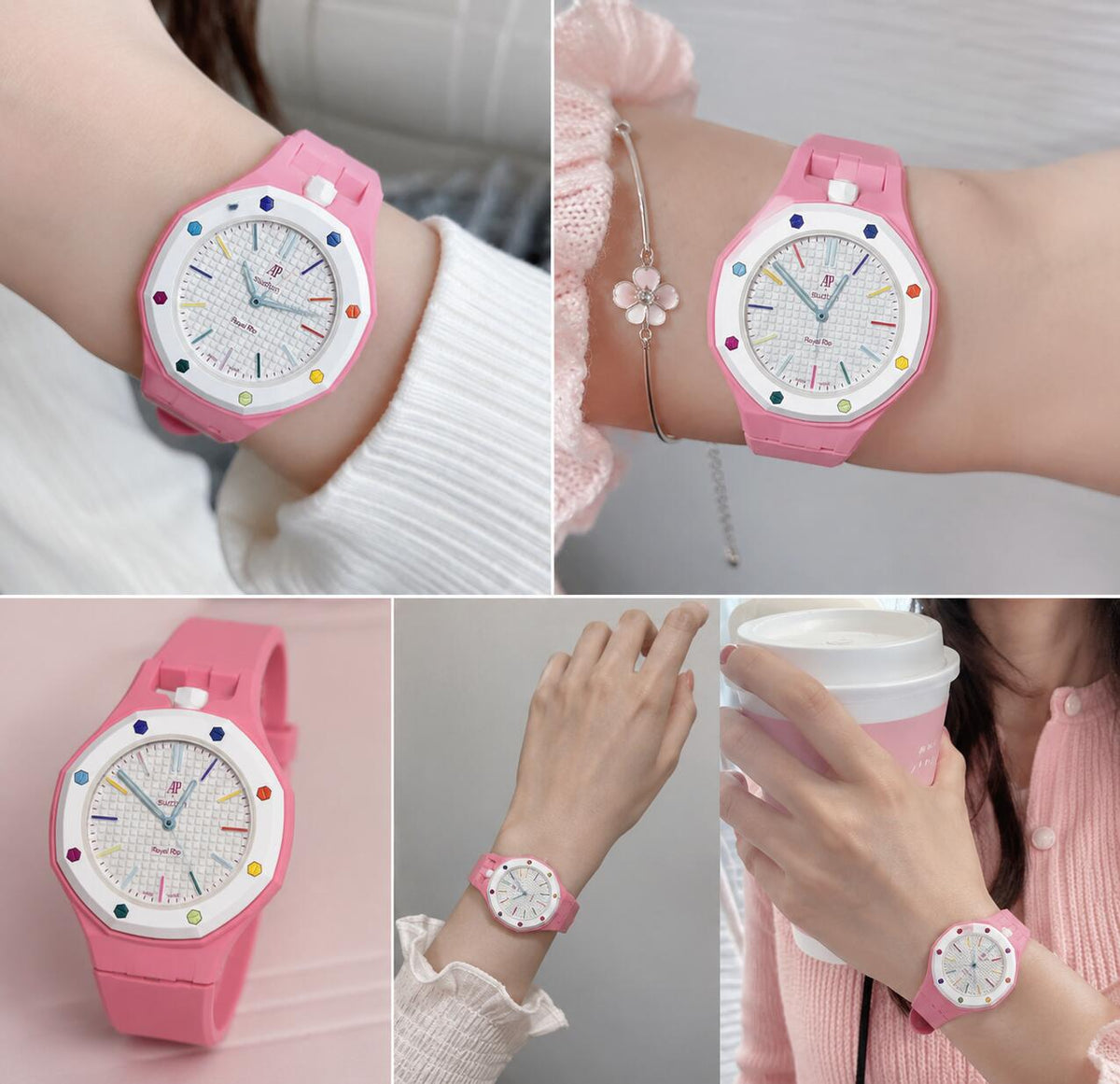 AP x Swatch Royal Pop pink wrist strap worn on wrist