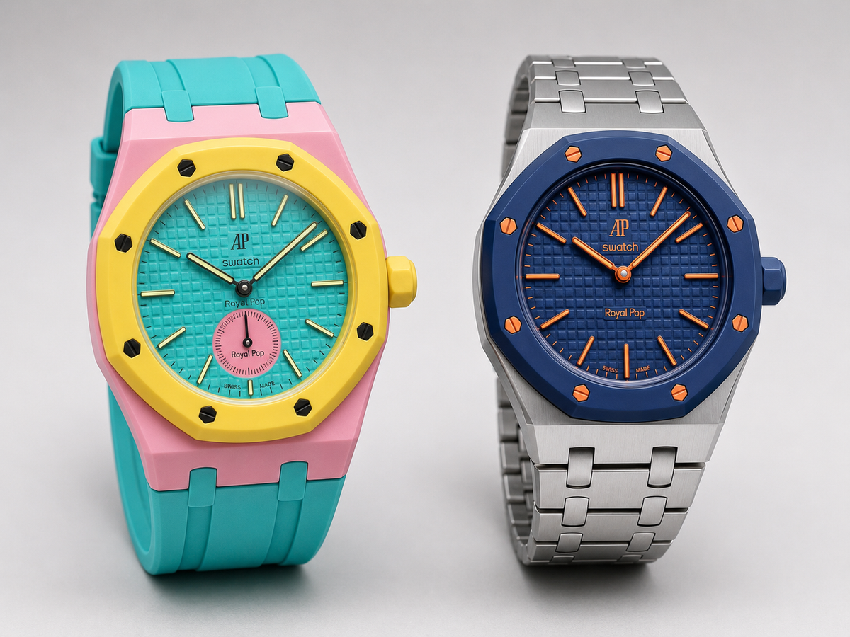 Stainless steel and ceramic style Royal Pop accessories compared side by side on AP x Swatch watches