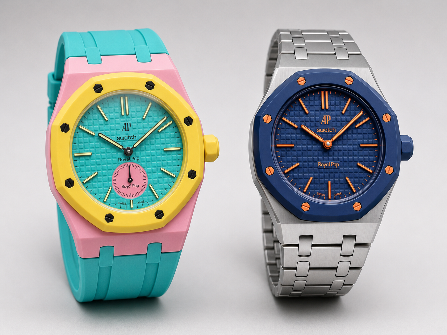 Stainless steel and ceramic style Royal Pop accessories compared side by side on AP x Swatch watches