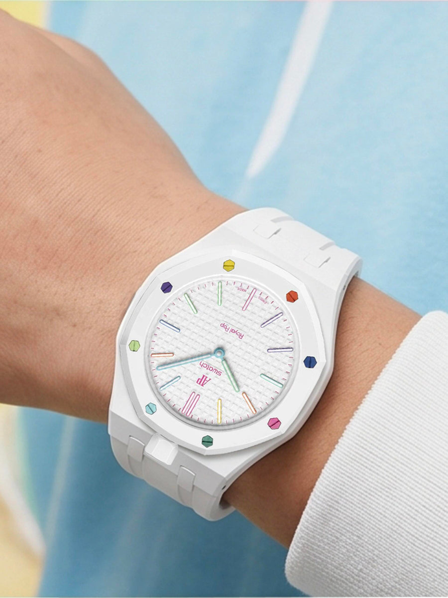 white bioceramic-style bracelet worn on the wrist