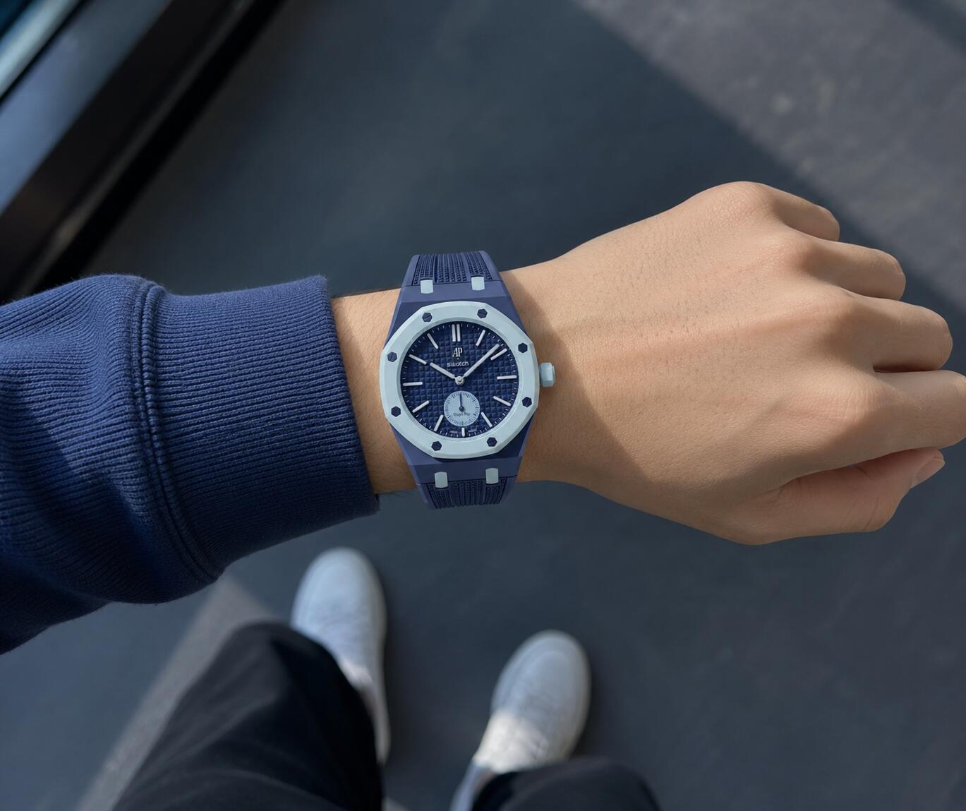 AP Swatch wrist strap worn on wrist for weekend style