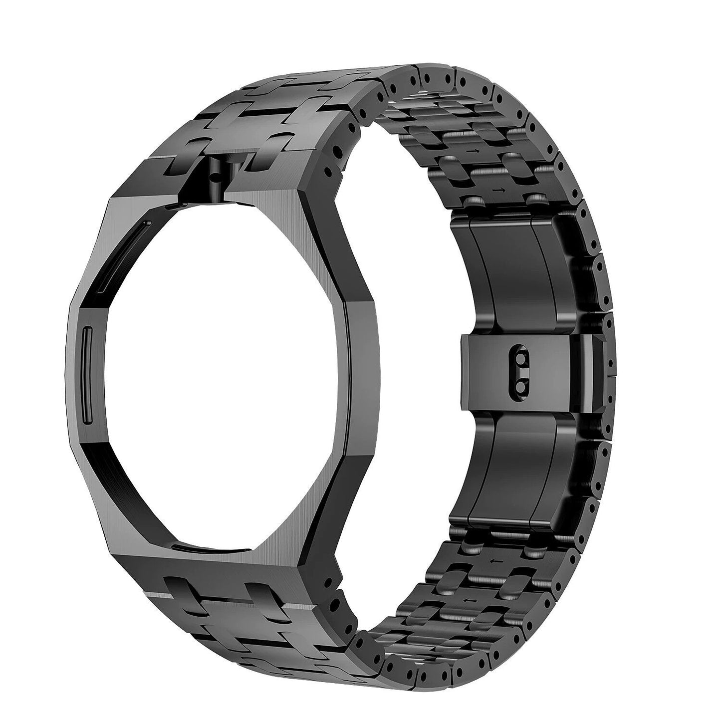 Alternate open view of the black metal Royal Pop bracelet watch band on a white background.