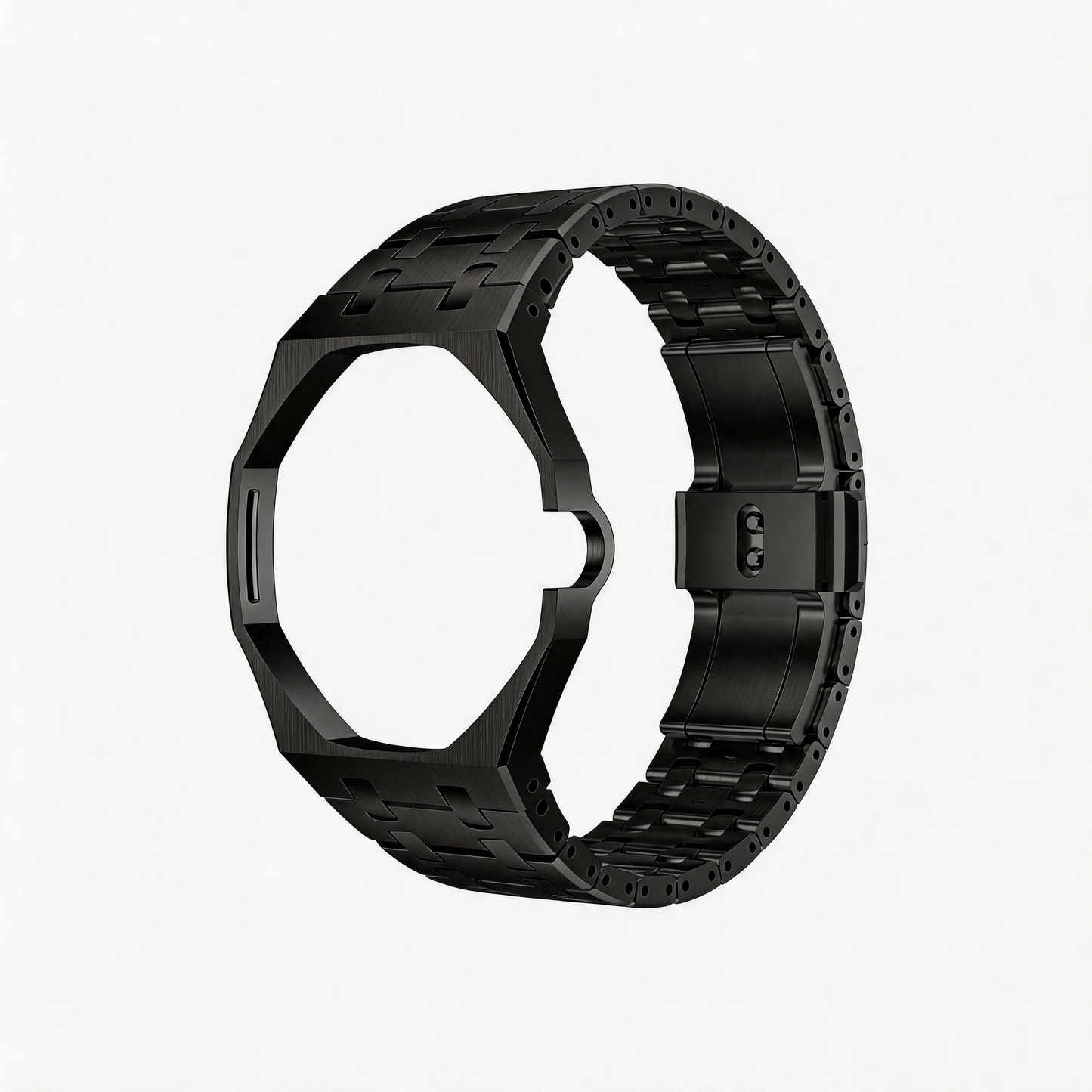Open view of the black metal Royal Pop bracelet watch band on a white background.