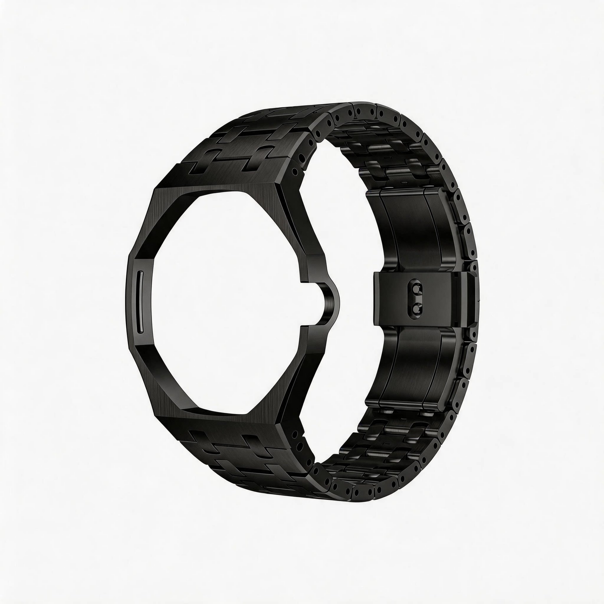 Open view of the black metal Royal Pop bracelet watch band on a white background.