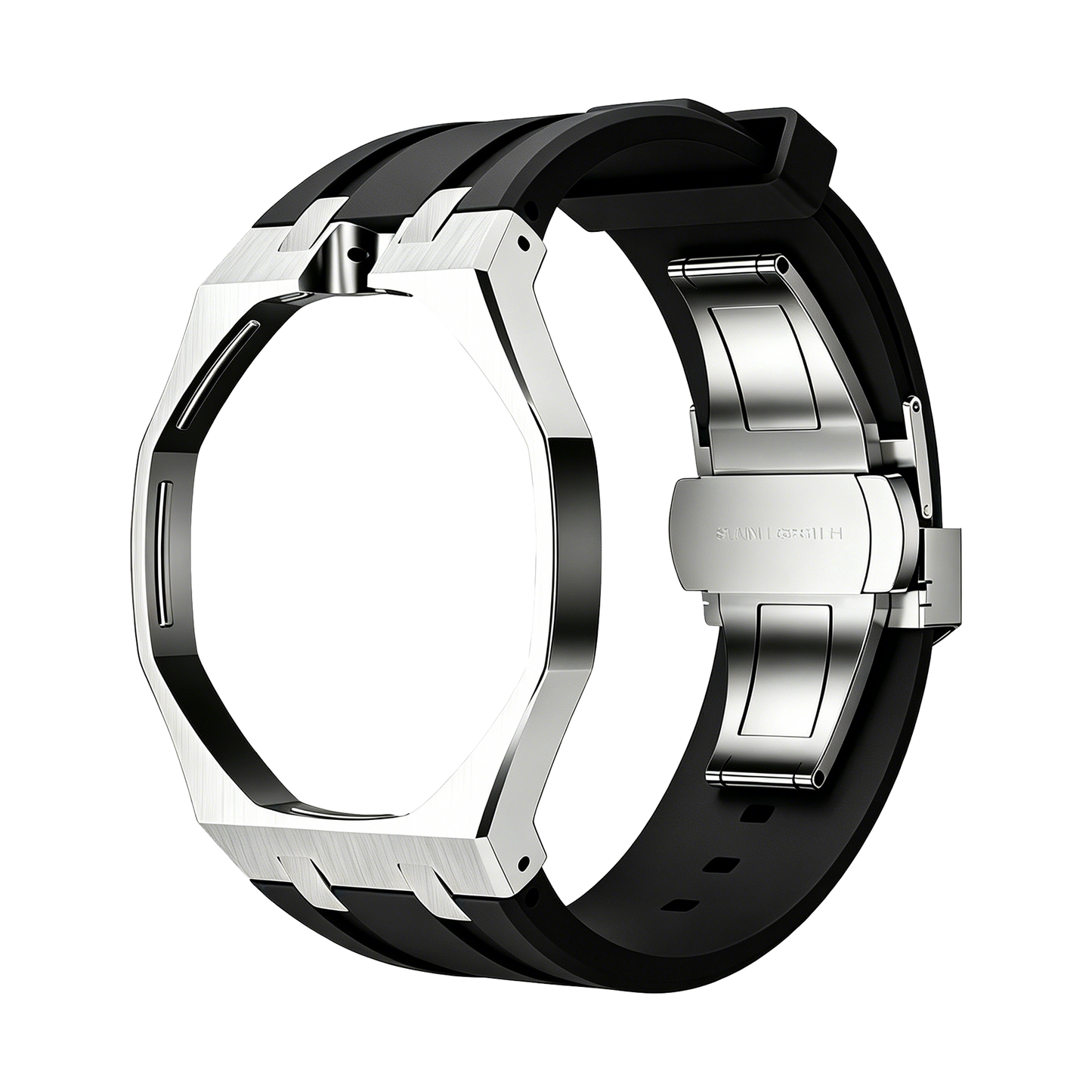 Back and open band view of the black and silver Royal Pop watch against a black background.