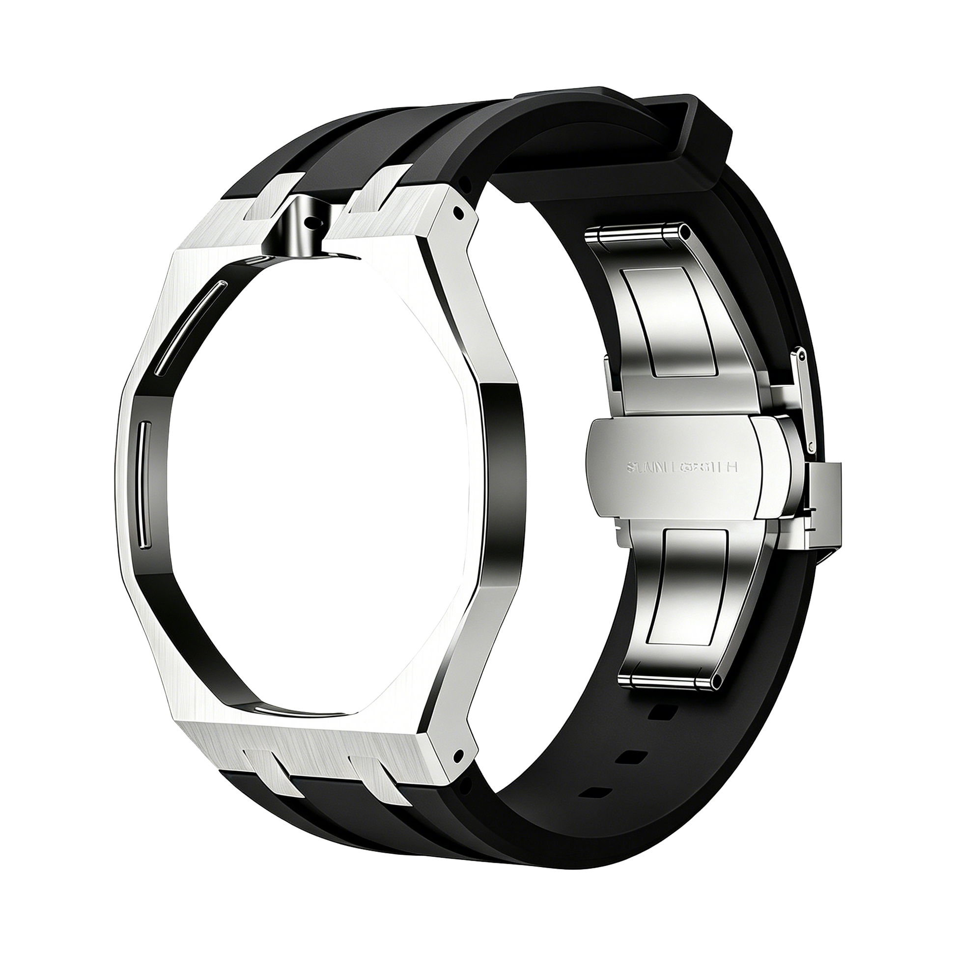 Back and open band view of the black and silver Royal Pop watch against a black background.