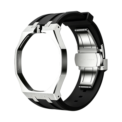 Back and open band view of the black and silver Royal Pop watch against a black background.