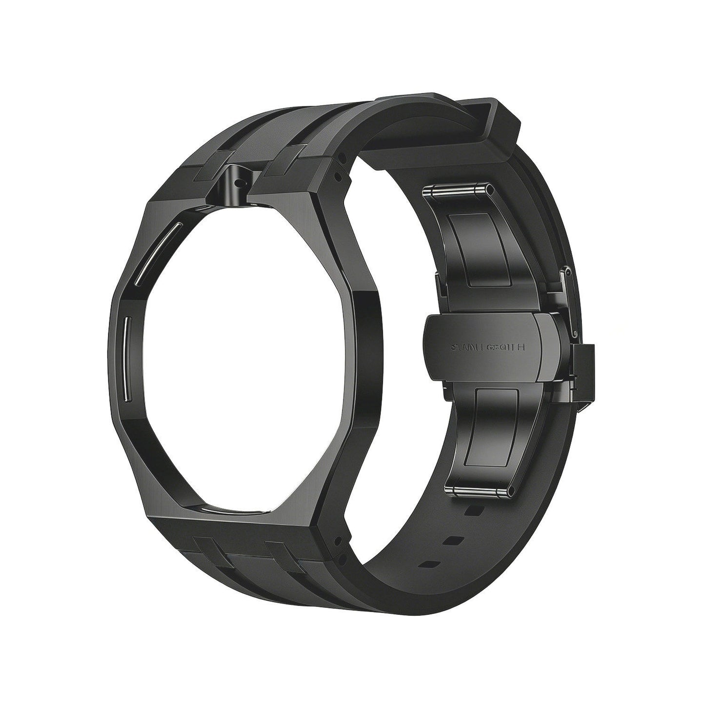 Back and open band view of the black Royal Pop watch on a white background.