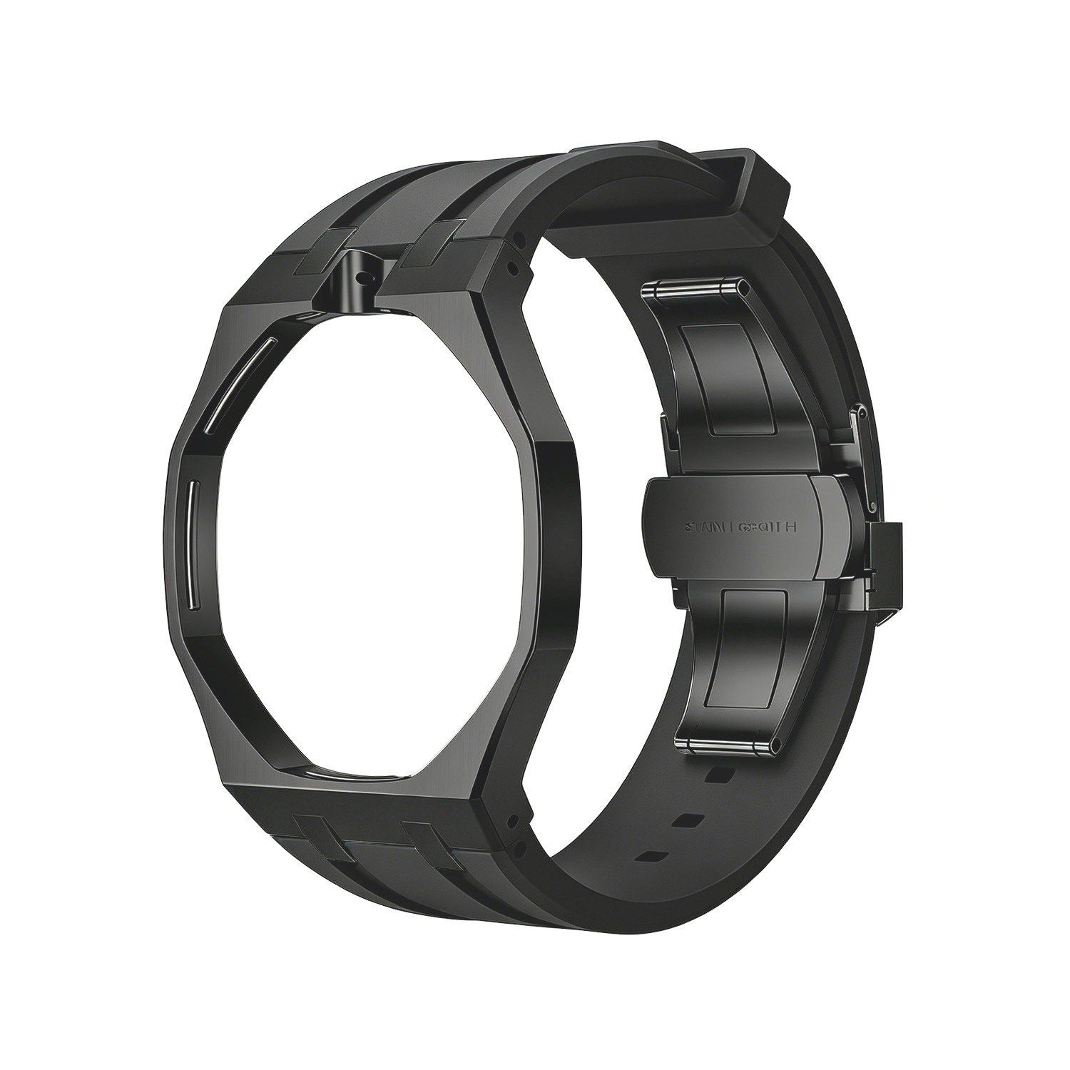 Back and open band view of the black Royal Pop watch on a white background.
