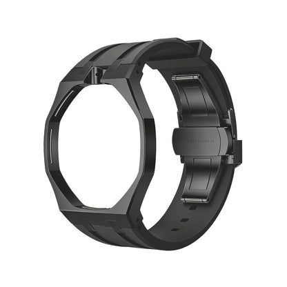 Back and open band view of the black Royal Pop watch on a white background.