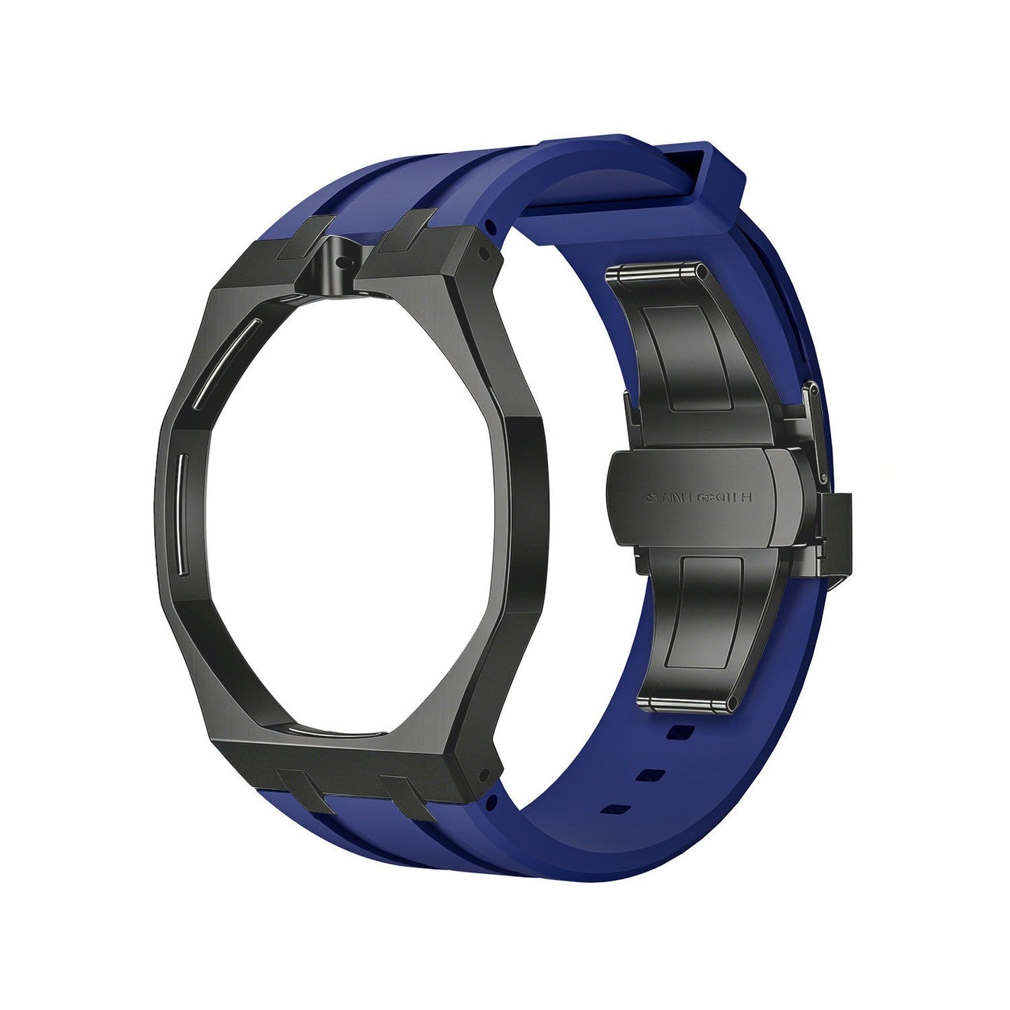 Back and open band view of the blue and black Royal Pop watch on a white background.