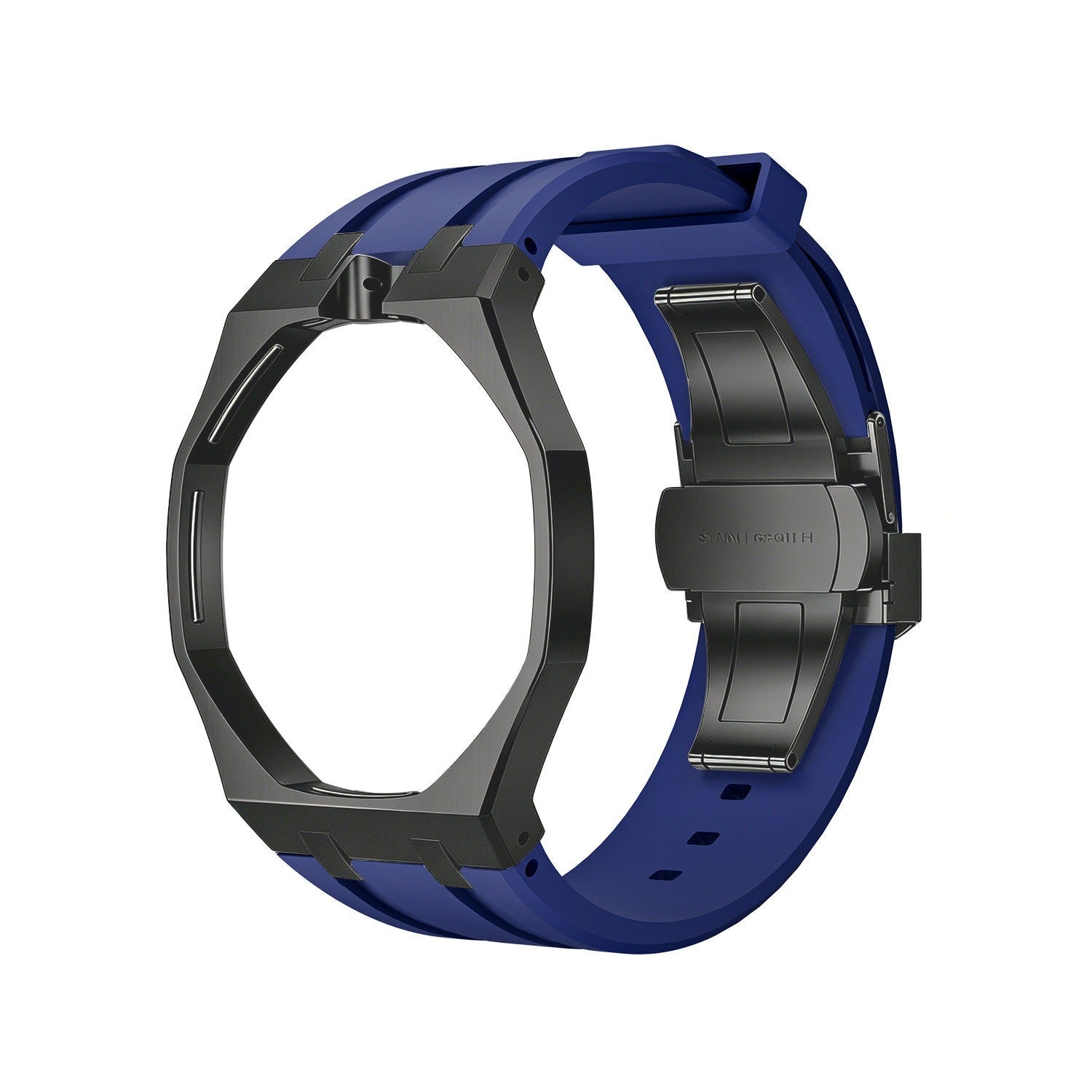 Back and open band view of the blue and black Royal Pop watch on a white background.