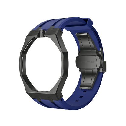 Back and open band view of the blue and black Royal Pop watch on a white background.