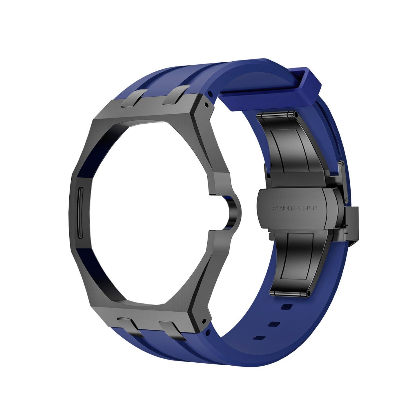 Back and open band view of the blue and charcoal Royal Pop watch on a white background.