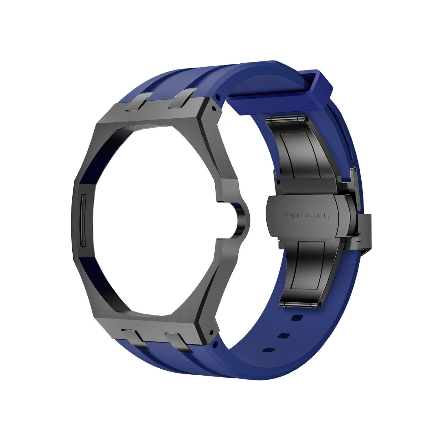 Back and open band view of the blue and charcoal Royal Pop watch on a white background.