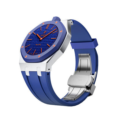 Angled product view of the blue and silver Royal Pop watch with a rubber strap on a white background.