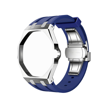 Back and open band view of the blue and silver Royal Pop watch on a white background.