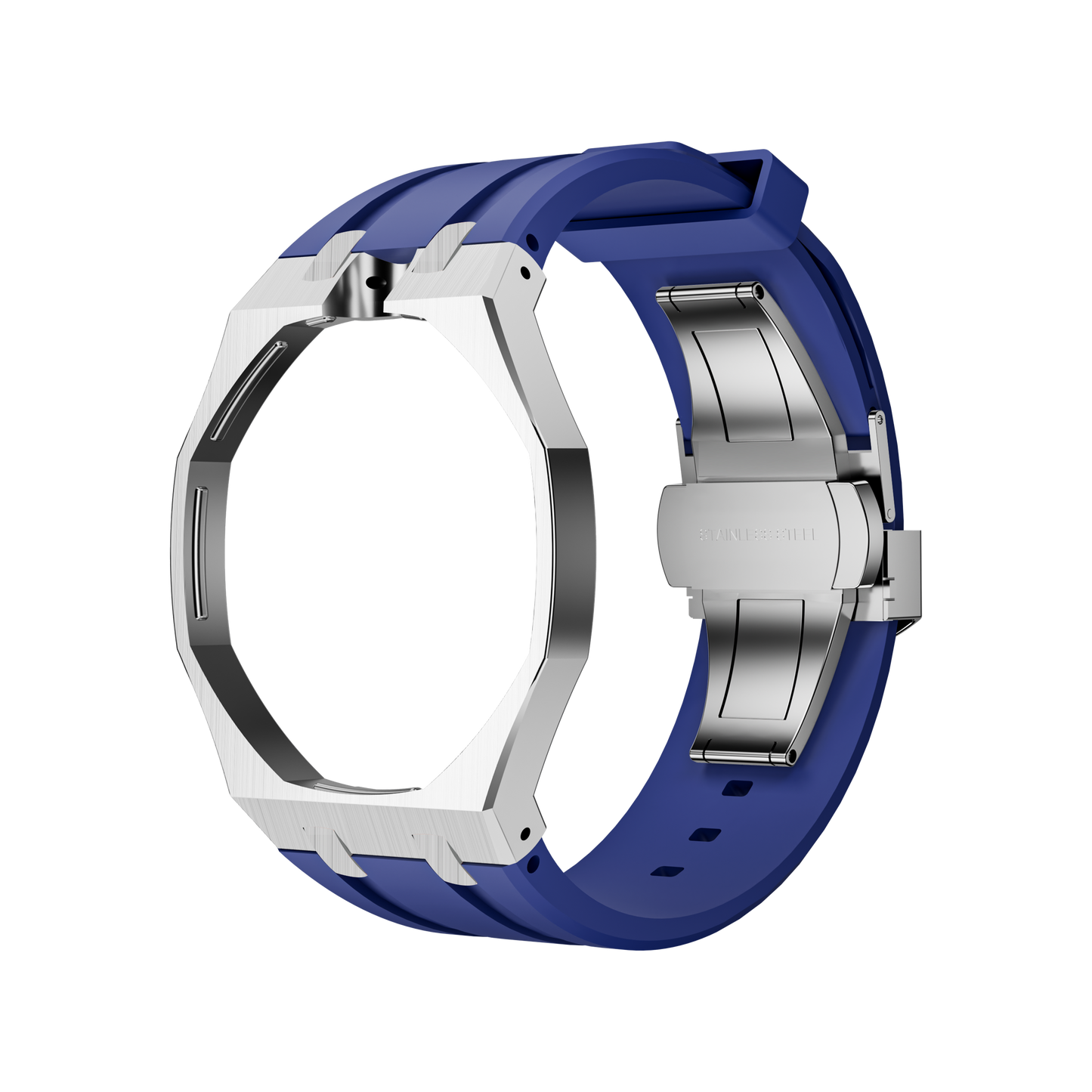Back and open band view of the blue and silver Royal Pop watch against a black background.