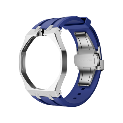 Back and open band view of the blue and silver Royal Pop watch against a black background.