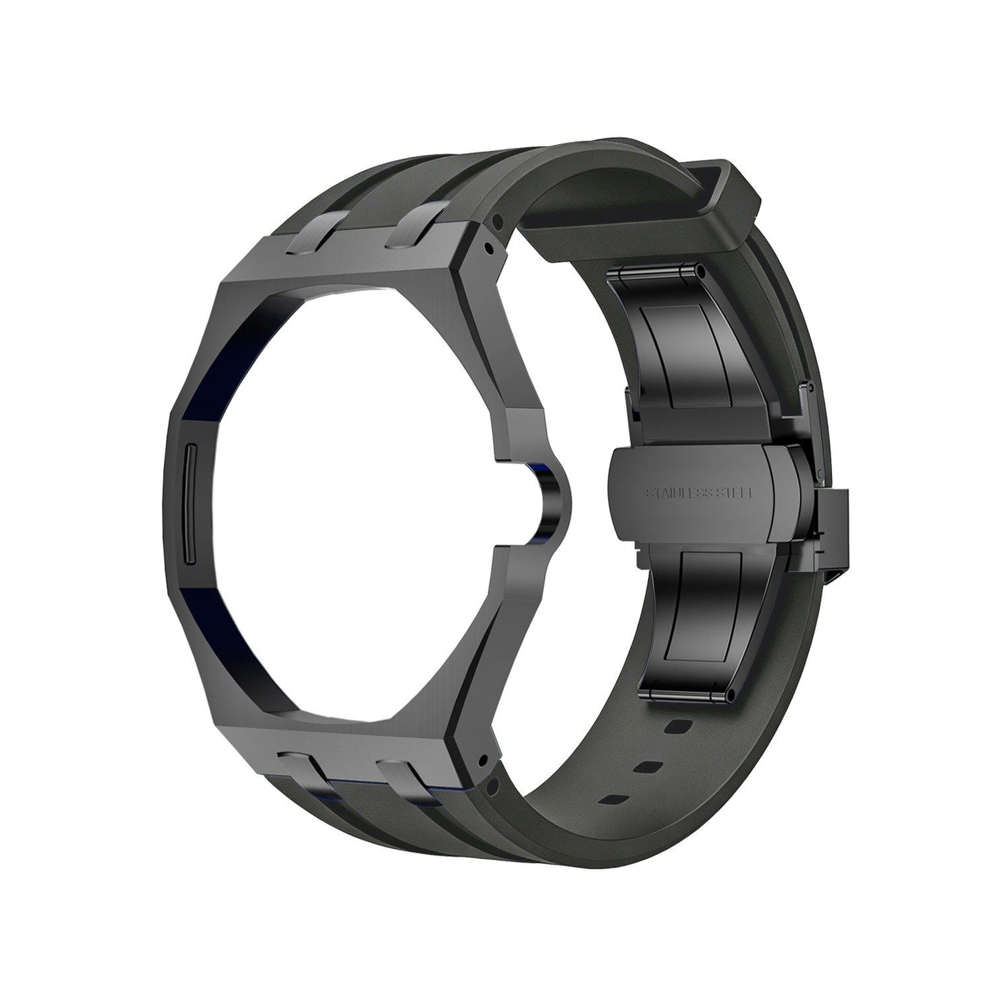 Alternate back and open band view of the charcoal Royal Pop watch on a white background.