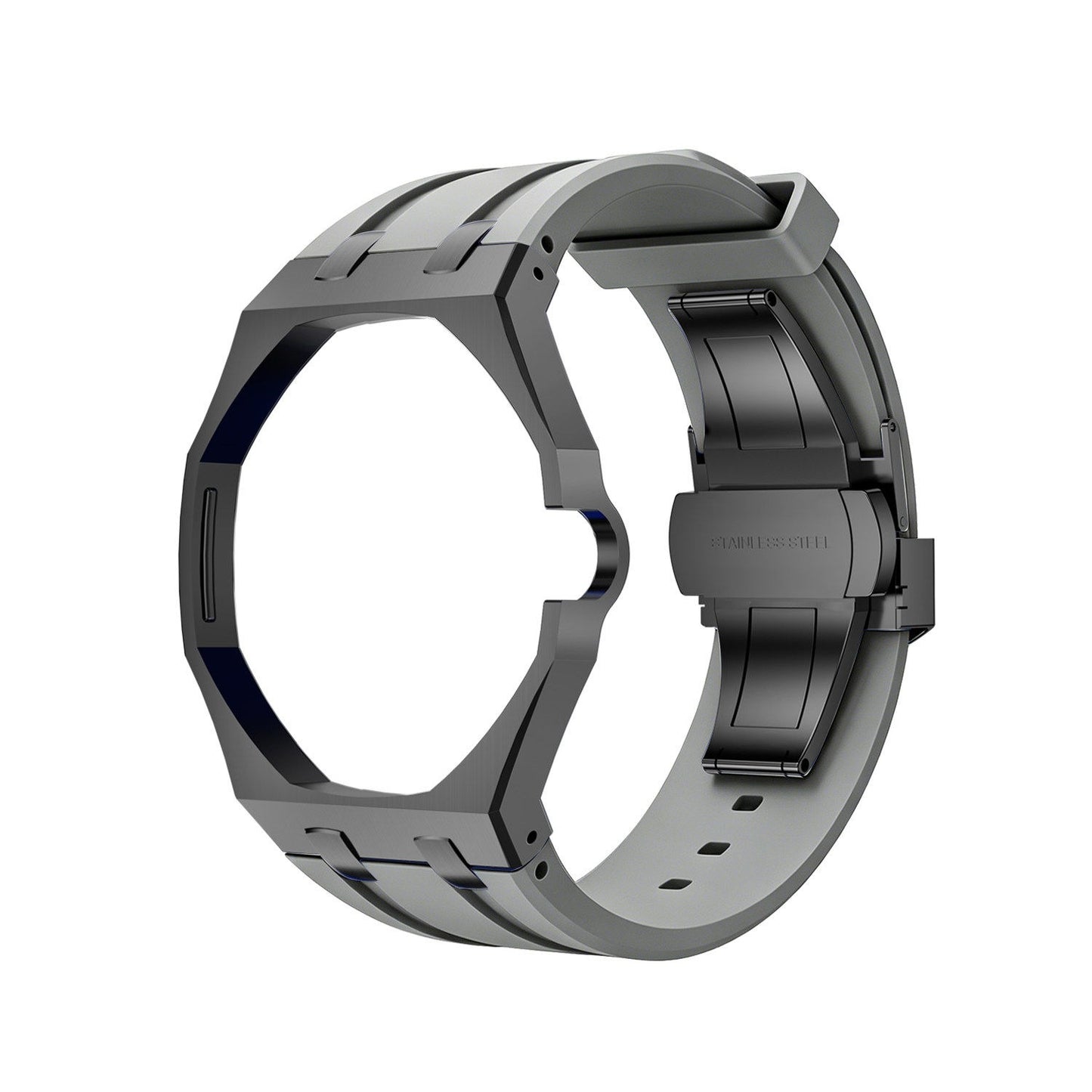 Back and open band view of the charcoal Royal Pop watch on a white background.