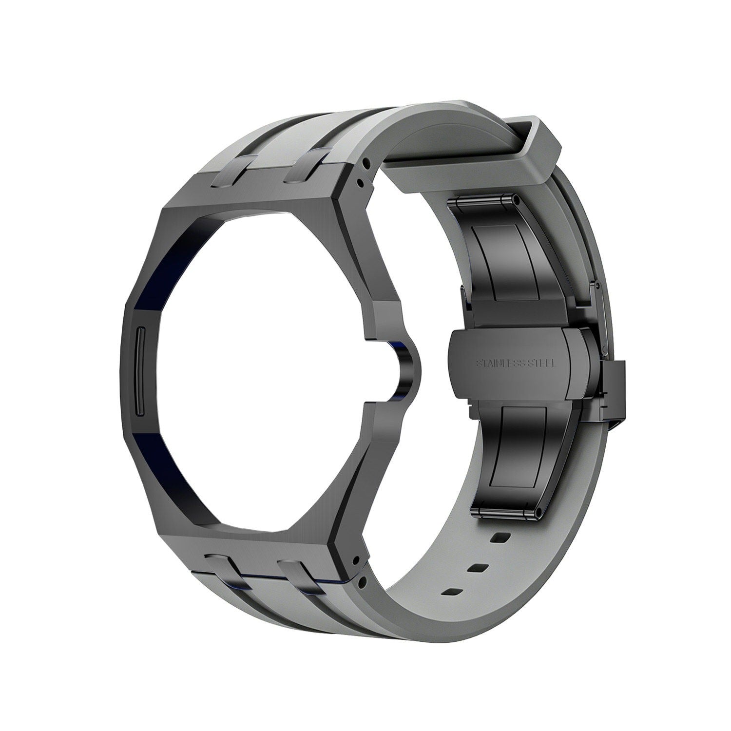 Back and open band view of the charcoal Royal Pop watch on a white background.