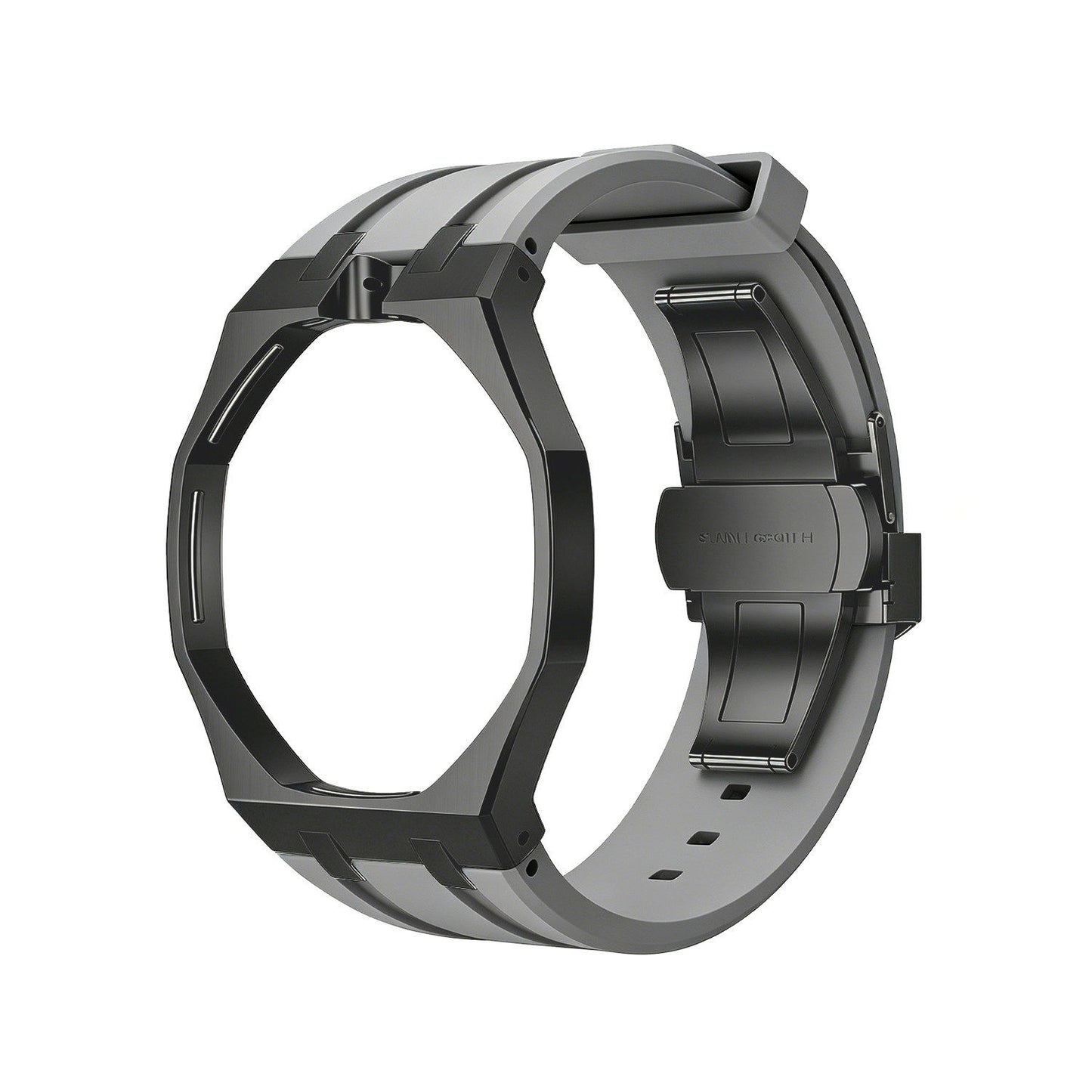 Back and open band view of the gray and black Royal Pop watch on a white background.