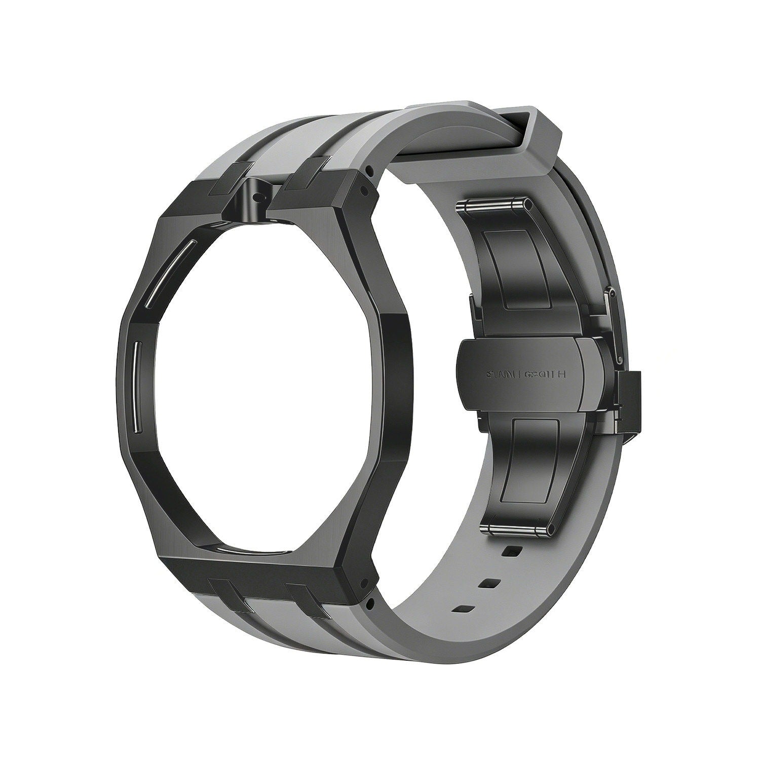 Back and open band view of the gray and black Royal Pop watch on a white background.