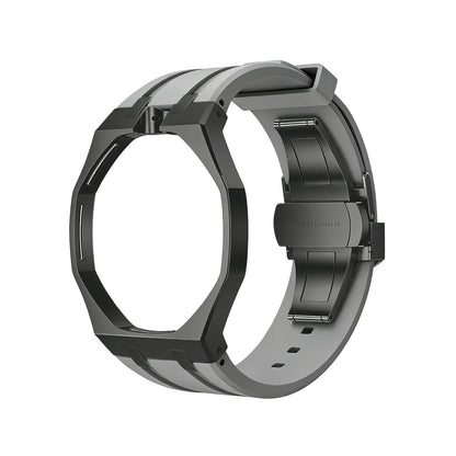 Back and open band view of the gray and black Royal Pop watch on a white background.