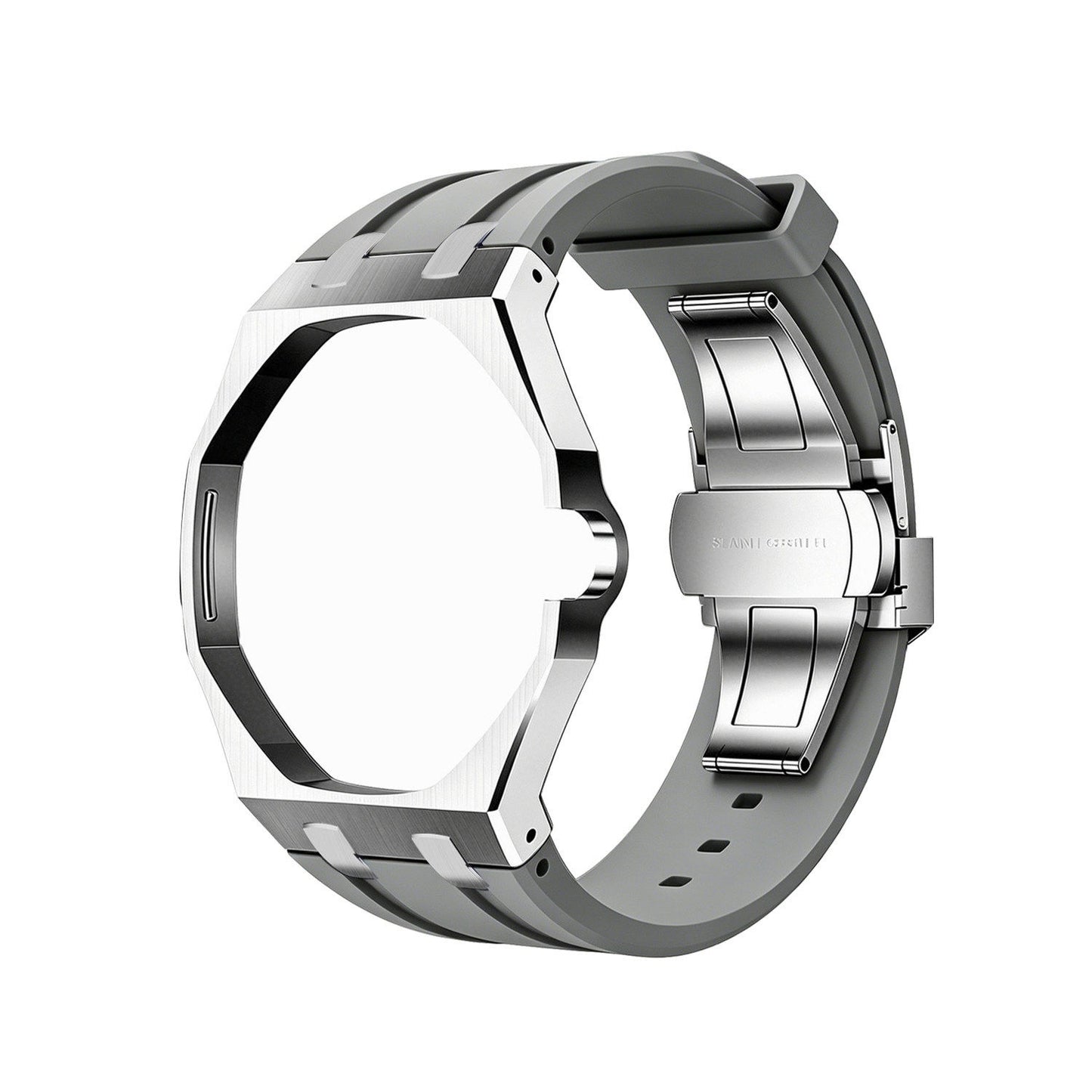 Back and open band view of the gray and silver Royal Pop watch on a white background.
