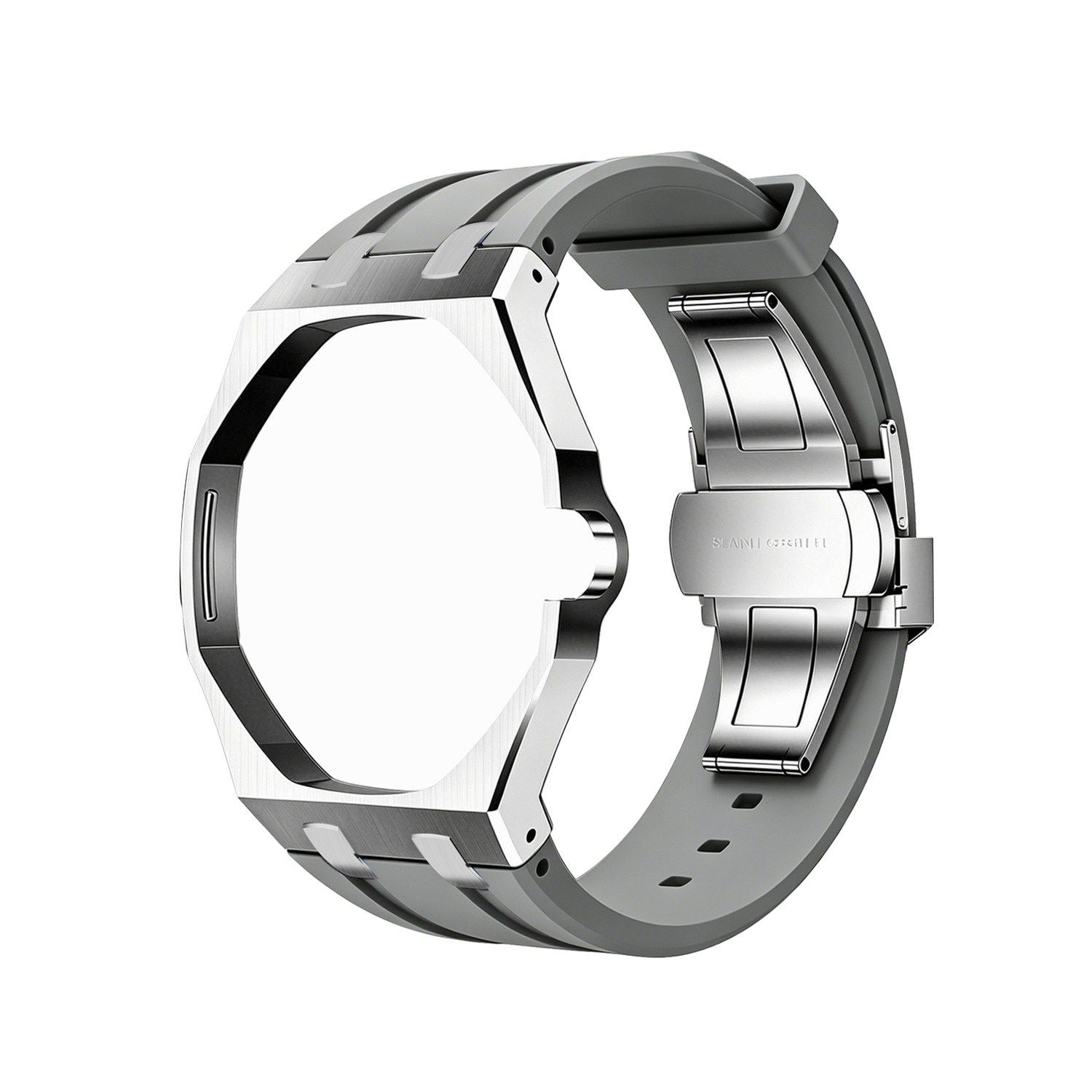 Back and open band view of the gray and silver Royal Pop watch on a white background.