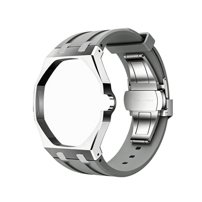 Back and open band view of the gray and silver Royal Pop watch on a white background.