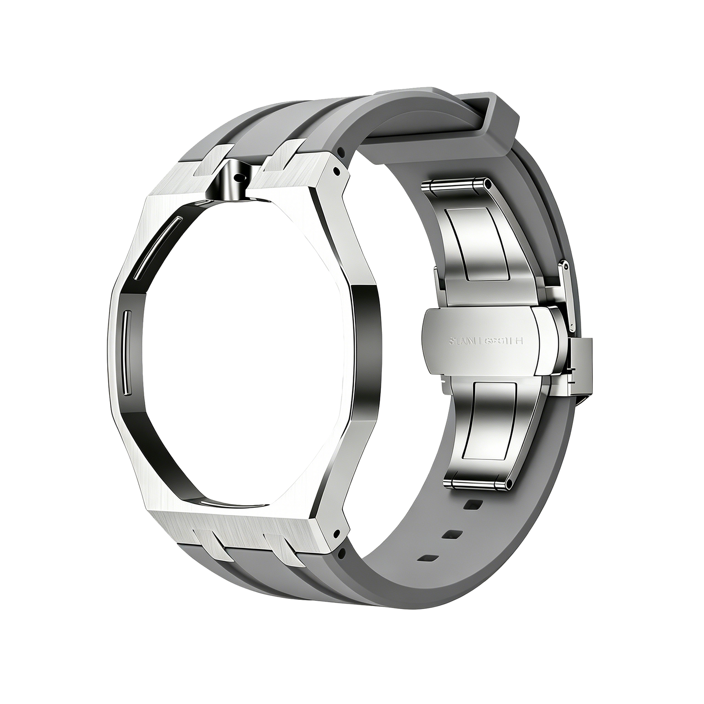 Back and open band view of the gray and silver Royal Pop watch against a black background.