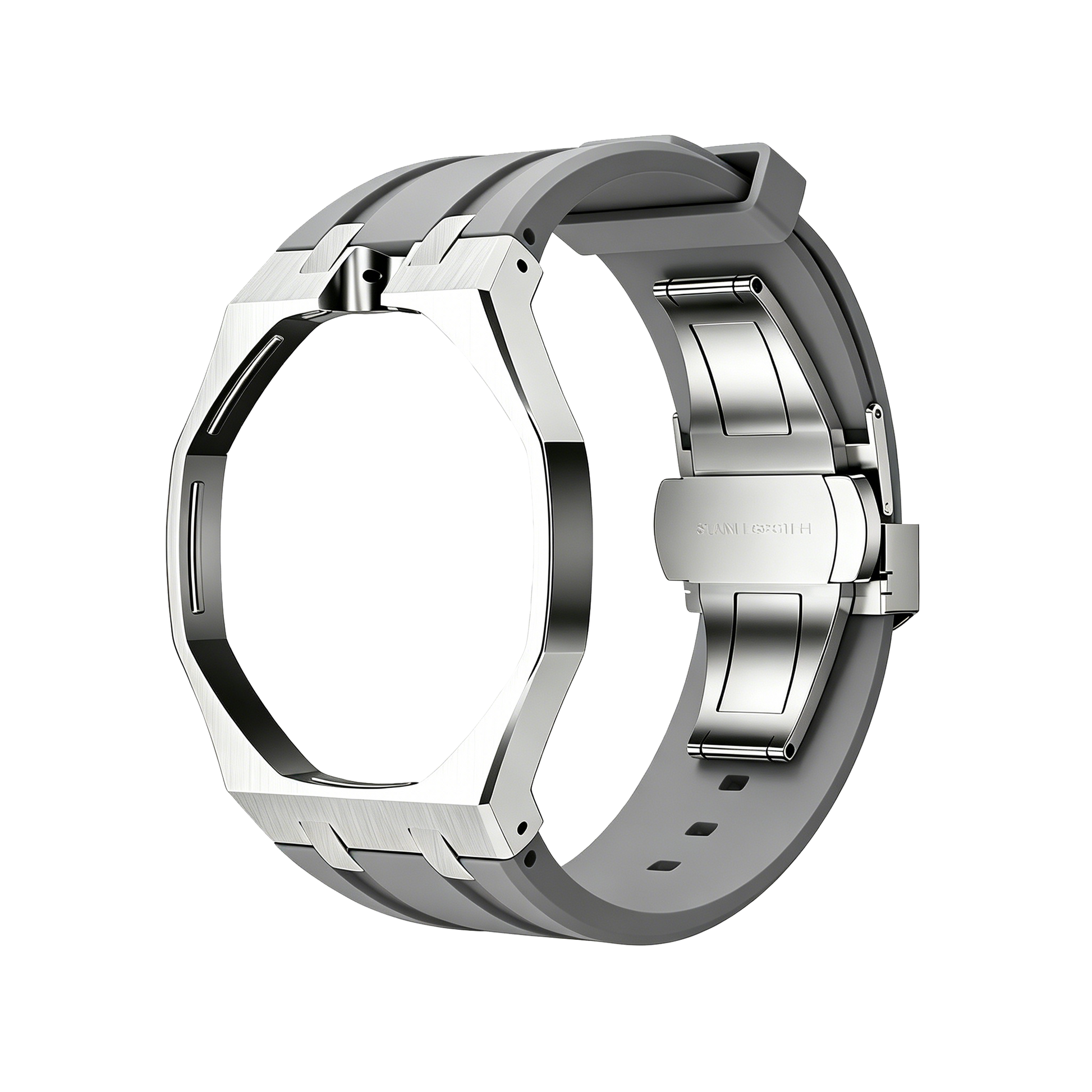 Back and open band view of the gray and silver Royal Pop watch against a black background.
