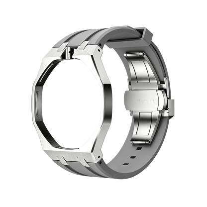 Back and open band view of the gray and silver Royal Pop watch against a black background.