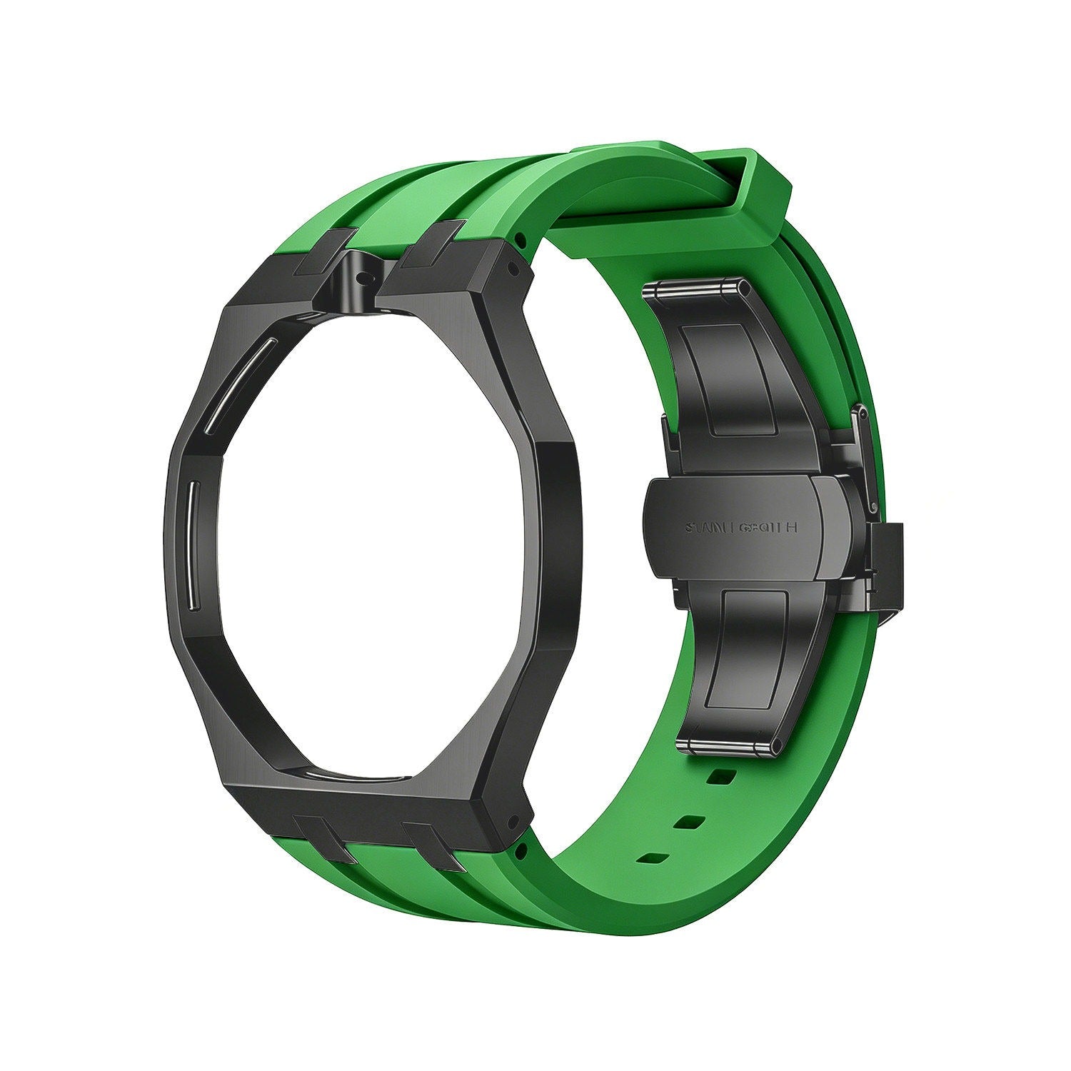 Back and open band view of the green and black Royal Pop watch on a white background.