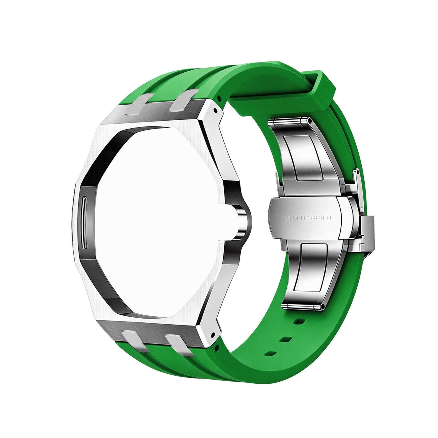 Back and open band view of the green and silver Royal Pop watch on a white background.