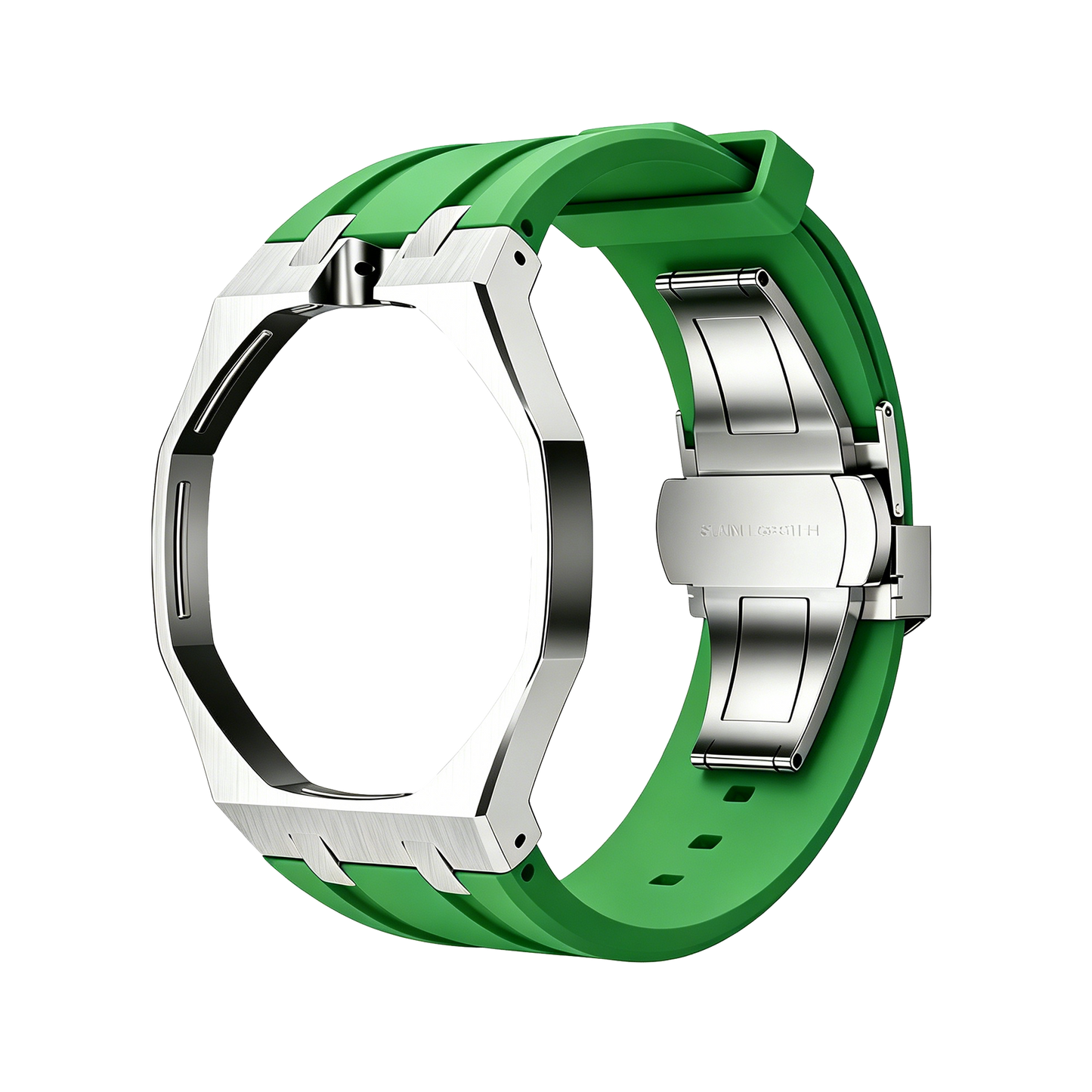 Back and open band view of the green and silver Royal Pop watch against a black background.