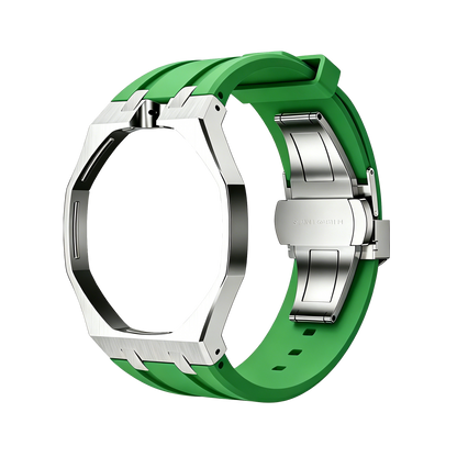 Back and open band view of the green and silver Royal Pop watch against a black background.