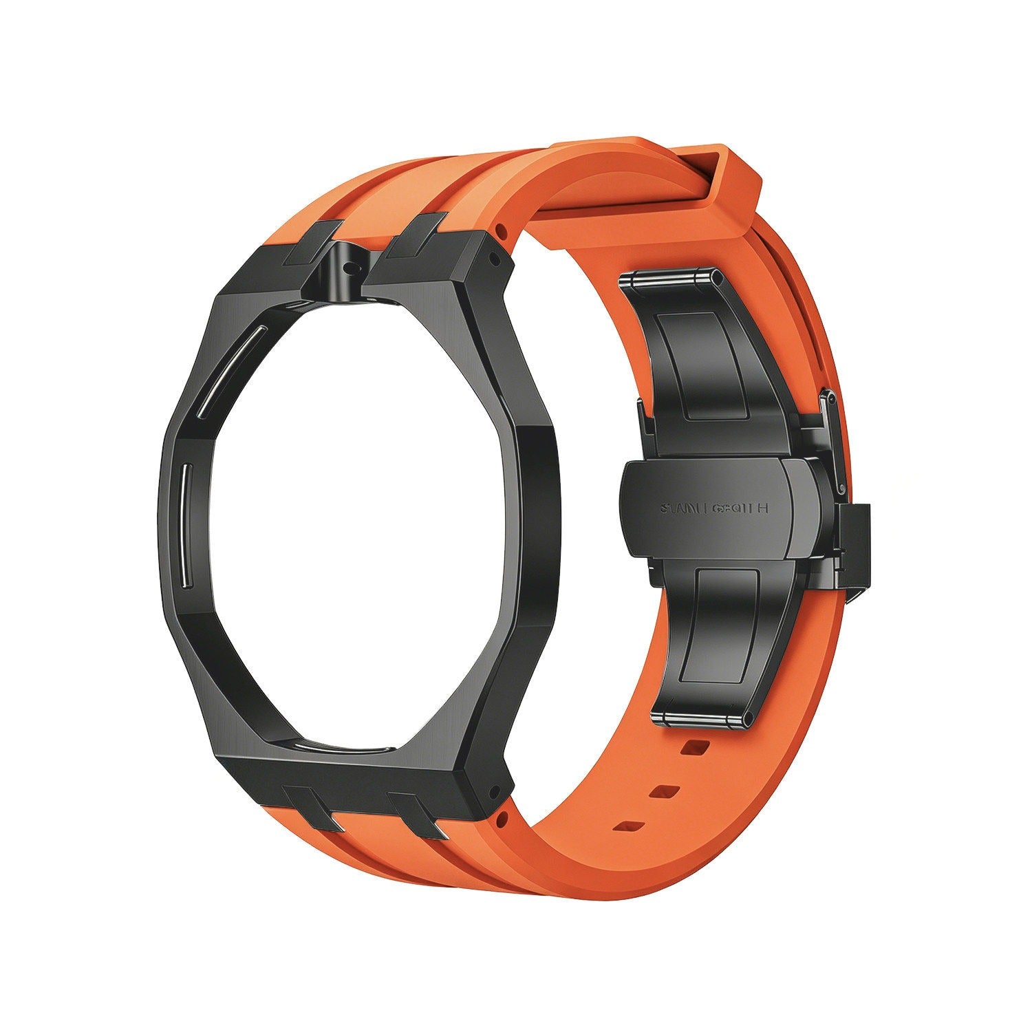 Back and open band view of the orange and black Royal Pop watch on a white background.