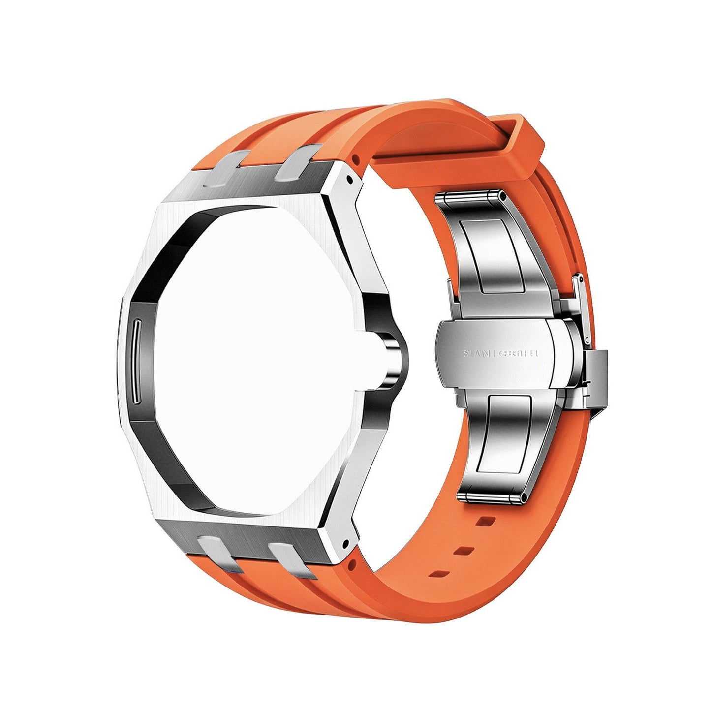 Back and open band view of the orange and silver Royal Pop watch on a white background.