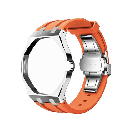 Back and open band view of the orange and silver Royal Pop watch on a white background.