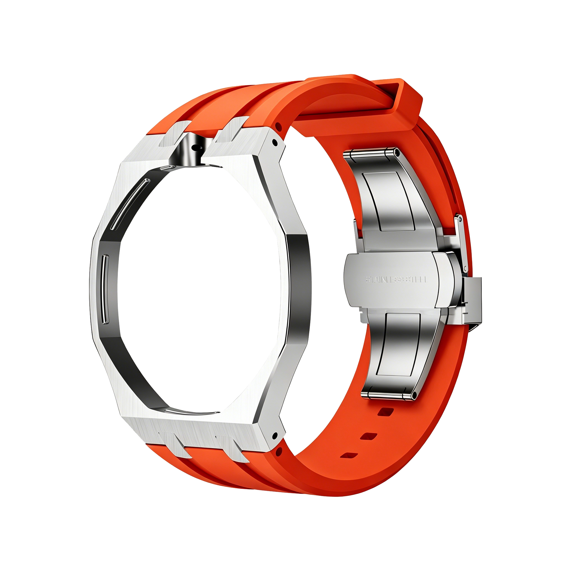 Back and open band view of the orange and silver Royal Pop watch against a black background.