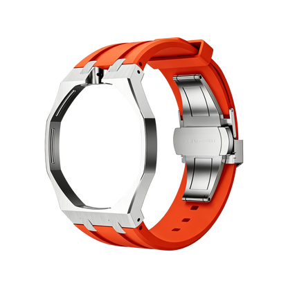Back and open band view of the orange and silver Royal Pop watch against a black background.