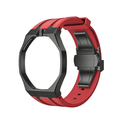 Back and open band view of the red and black Royal Pop watch on a white background.