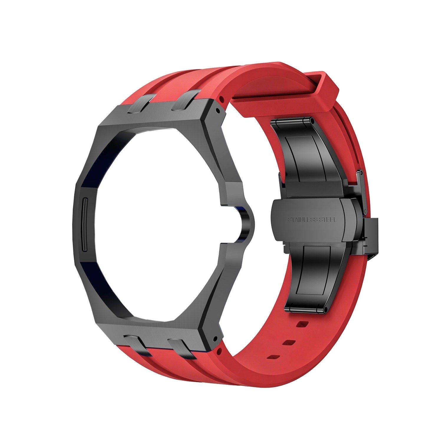 Back and open band view of the red and charcoal Royal Pop watch on a white background.