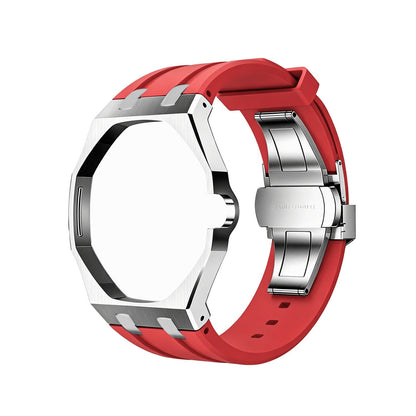 Back and open band view of the red and silver Royal Pop watch on a white background.