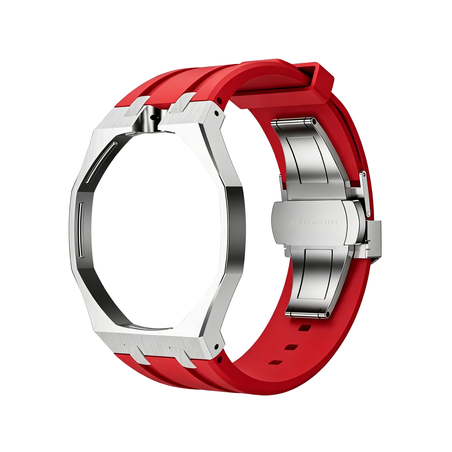 Back and open band view of the red and silver Royal Pop watch against a black background.