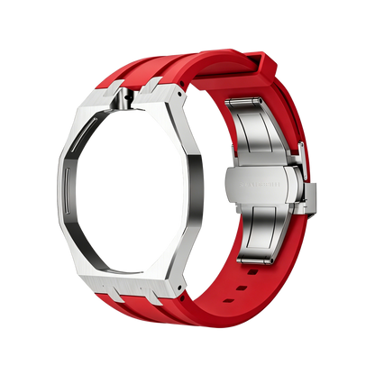 Back and open band view of the red and silver Royal Pop watch against a black background.